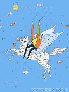 two authors riding 
a winged horse 
made of words. 
fotosearch - search 
clipart, illustration, 
drawings and vector 
eps graphics images